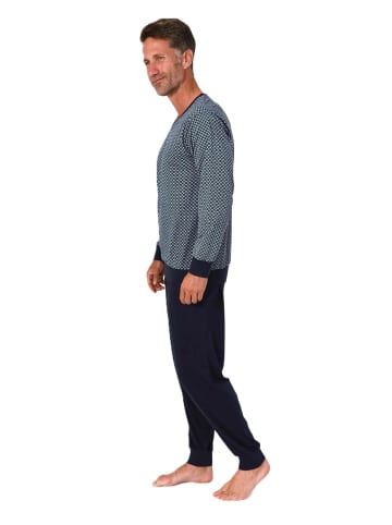 NORMANN Langarm Schlafanzug Pyjama Bündchen V-Hals in blau