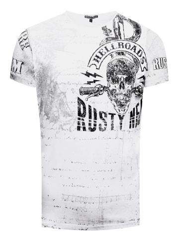 Rusty Neal Herren Vintage Oil Wash T-Shirt mit Skull Print & Raw Edge Rundhals in Weiß
