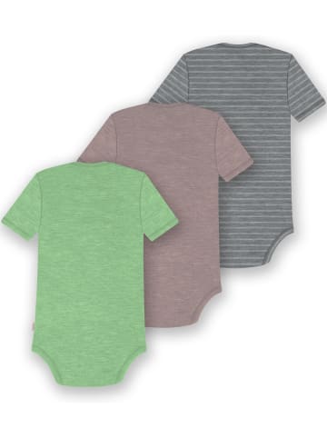 Normani Outdoor Sports 3er Set Baby Merino Body Kurzarm Tauranga in Grau/Rosa/Grün