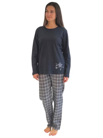 NORMANN Flanell Pyjama Mix & Match Oberteil Sterne in marine