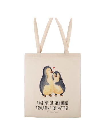 Mr. & Mrs. Panda Tragetasche Pinguin umarmen mit Spruch in Creme