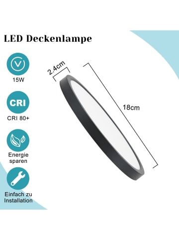 ZMH Deckenleuchte LED in schwarz Ø18cm rund 6000K kaltweiß flach Flurlampe 15 W