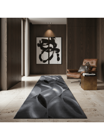 KADIMA DESIGN Teppich Kurzflor Waschbar Wellen INN Strapazierfähig OEKO-TEX in Schwarz