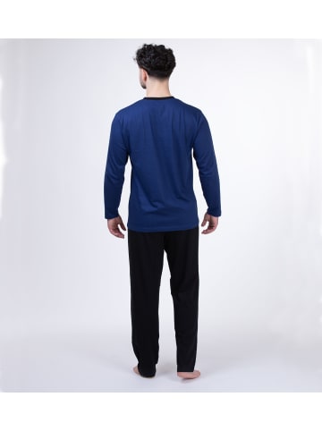 SLOUCHER Schlafanzug lang mit V-Ausschnitt in blau