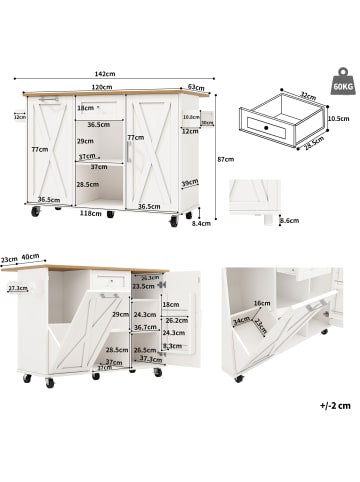 ABRIHOME Einziehbar Kücheninsel Küchenschränke mit Mülleimer und Stauraum, Weiß