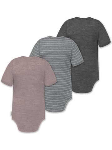 Normani Outdoor Sports 3er Set Unisex Baby Merino Kurzarm-Strampler Kurzarm Body mit Knopf in Anthrazit/Grau/Rosa