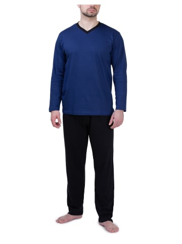 SLOUCHER Schlafanzug lang mit V-Ausschnitt in blau