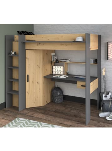 Parisot Hochbett mit Schreibtisch und Kleiderschrank Bett 90 x 200 cm