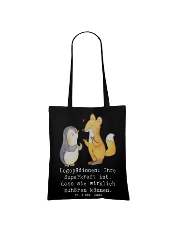 Mr. & Mrs. Panda Tragetasche Logopädin Superkraft mit Spruch in Schwarz