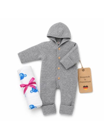 Kinderhaus Blaubär Baby-Overall mit Kapuze, Holzknöpfen & Mulltuch Blaubaer in Hellgrau Melange