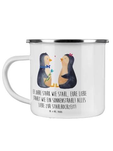Mr. & Mrs. Panda Camping Emaille Tasse 11. Hochzeitstag Stahlhoc... in Weiß