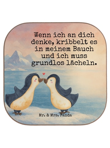 Mr. & Mrs. Panda Glas-Untersetzer Pinguine Kuss Design mit Spruch in Weiß