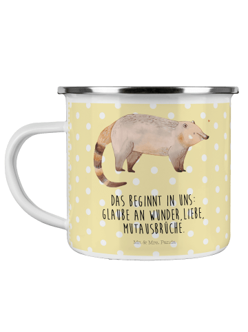 Mr. & Mrs. Panda Camping Emaille Tasse Nasenbaer mit Spruch in Gelb Pastell