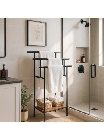 relaxdays Handtuchständer in Braun/ Schwarz - (B)68 x (H)100 x (T)30 cm
