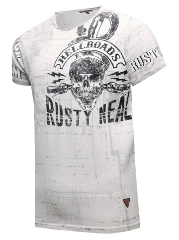 Rusty Neal Herren Vintage Oil Wash T-Shirt mit Skull Print & Raw Edge Rundhals in Grau