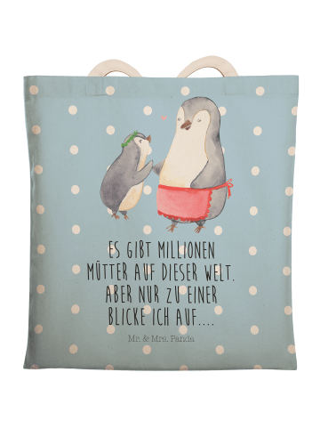 Mr. & Mrs. Panda Einkaufstasche Pinguin mit Kind mit Spruch in Blau Pastell