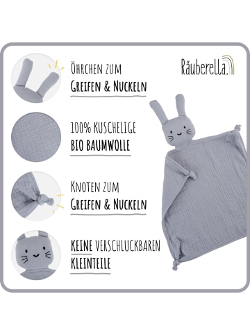 Räuberella Baby Geschenkset Schmusetuch Hase, Holz-Beißring & Halstuch in Grau-Blau