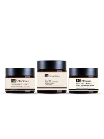 Dr. Botanicals 3-tlg. Set: Teebaum-Gesichtspeeling, Lavendel-Creme & Teebaum-Körpercreme
