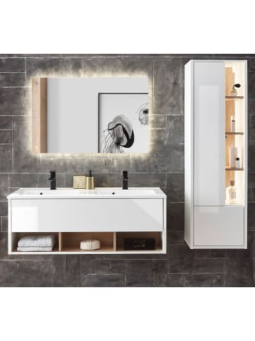 Furn.Design Badmöbel-Set weiß Hochglanz, Eiche 175 cm mit Doppelwaschbecken, LED Beleuchtung