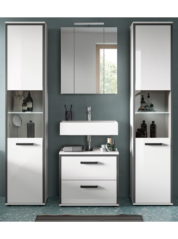 Inn.Furn Badmöbel-Set 4-teilig Set weiß Hochglanz, grau, Badezimmermöbel viel Stauraum