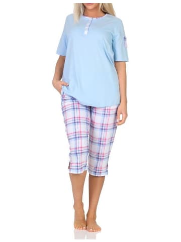 NORMANN Schlafanzug kurzarm Pyjama karierter Capri Hose Jersey - 84989 in hellblau