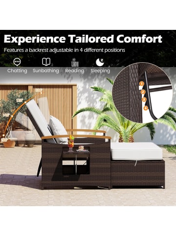 COSTWAY Polyrattan Gartenliege mit ausklappbarem Seitenablage in Beige