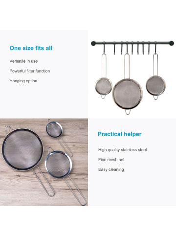 Intirilife 3x Küchensieb Seiher aus Edelstahl feinmaschig 8 / 12 / 18 cm in Silber