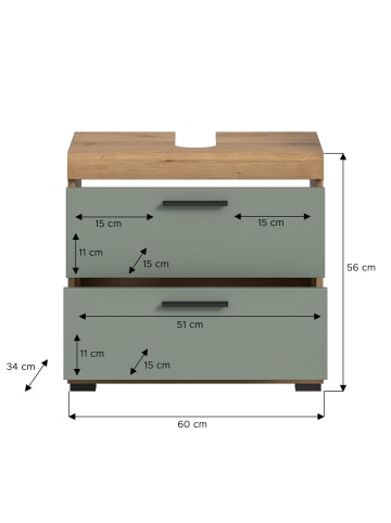 xonox.home Waschbeckenunterschrank in Artisan Eiche/Salbei - (B) 60 x (H) 56 x (T) 37