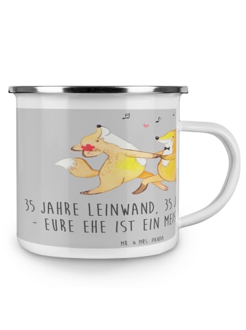 Mr. & Mrs. Panda Camping Emaille Tasse 35. Hochzeitstag Leinwand... in Heather Grey