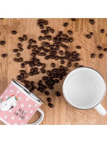 Mr. & Mrs. Panda Camping Emaille Tasse Einhorn Sänger mit Spruch in Rot Pastell