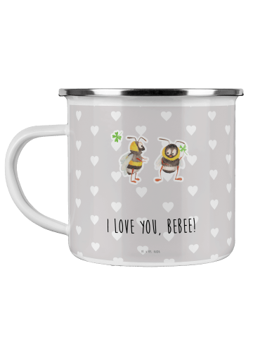 Mr. & Mrs. Panda Camping Emaille Tasse Bienen Paar mit Spruch in Grau Pastell