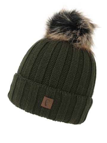 Faera Warme Beanie Strickmütze mit Bommel Thermo Futter in Khaki