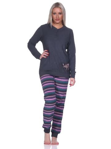NORMANN Frottee Pyjama Hose gestreift Faulti Katze - 75950 in anthrazit-melange