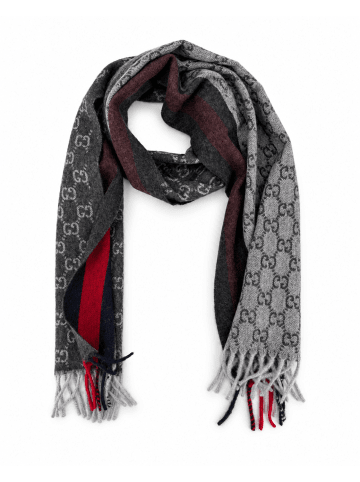 Gucci Grau Anthrazit Monogramm Kaschmir- & Wollschal mit rot-navyblauen Streifen