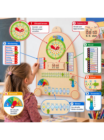 howa Lernuhr mit Kalender, Jahreszeiten und Wetter aus Holz für Kinder ab 3 Jahren