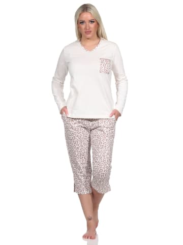 NORMANN Pyjama kurzarm Schlafanzug Caprihose Leoprint in creme