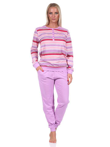NORMANN Schlafanzug Pyjama Bündchen geringeltes Oberteil in lila