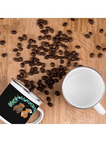 Mr. & Mrs. Panda Camping Emaille Tasse Polterabend Spaß mit Spruch in Schwarz