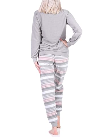 NORMANN Frottee langarm Pyjama Bündchen und und gestreifter Hose - 69441 in grau