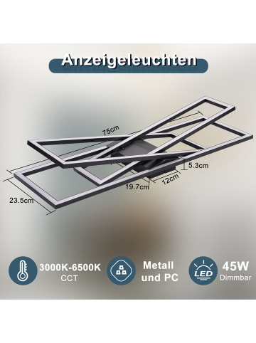 ZMH LED Deckenleuchte in Schwarz 45W Modern 3-flammige rechteckig Dimmbar