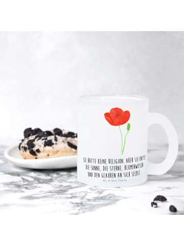 Mr. & Mrs. Panda Teetasse Glas Blume Mohnblume mit Spruch in Transparent