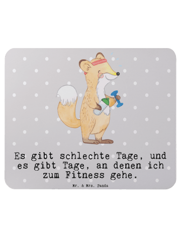 Mr. & Mrs. Panda Mauspad Fuchs Fitness mit Spruch in Grau Pastell