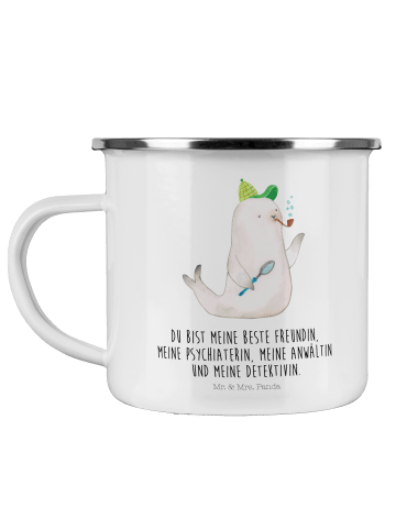 Mr. & Mrs. Panda Camping Emaille Tasse Robbe Sherlock mit Spruch in Weiß