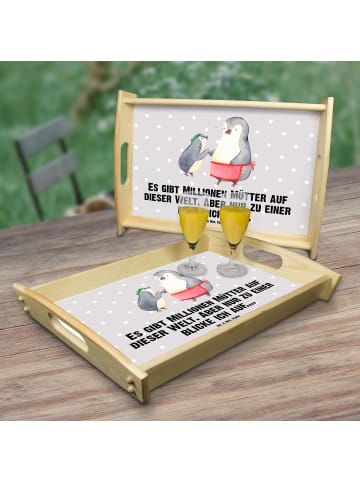 Mr. & Mrs. Panda Serviertablett Pinguin mit Kind mit Spruch in Grau Pastell