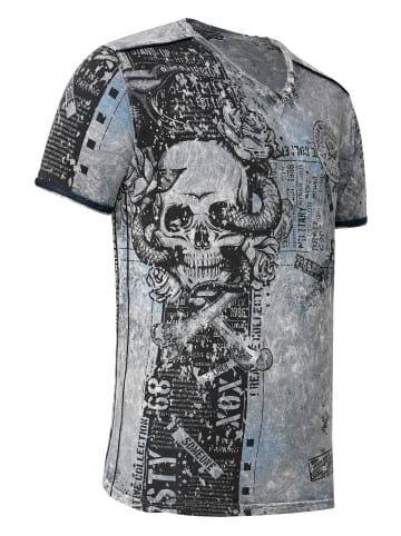Rusty Neal V-Neck T-Shirt mit All Over Skull X Snake Print und Wildleder-Details in Dunkel Grau