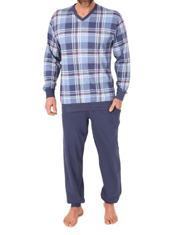 NORMANN Langarm Schlafanzug Bündchen Jersey und karierten Pyjama Oberteil in blau