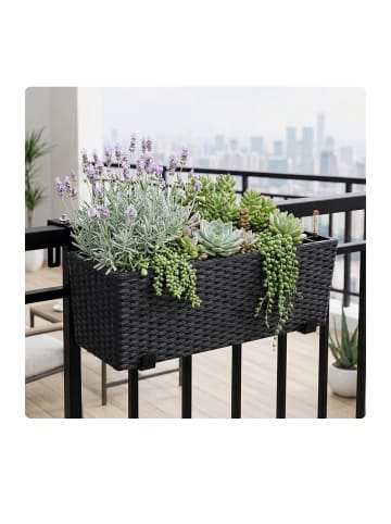 relaxdays Balkonkasten "Rattan" mit Halterung in Schwarz - (B)50 x (H)19 x (T)19 cm