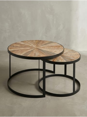 KADIMA DESIGN Wohnzimmertisch 2er-Set | Mango Massiv, Metallbeine Braun, Rund in Braun