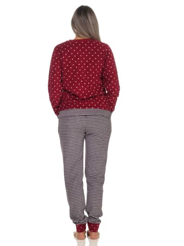 NORMANN Frottee Schlafanzug langarm Bündchen Tupfen Optik in Tupfen rot