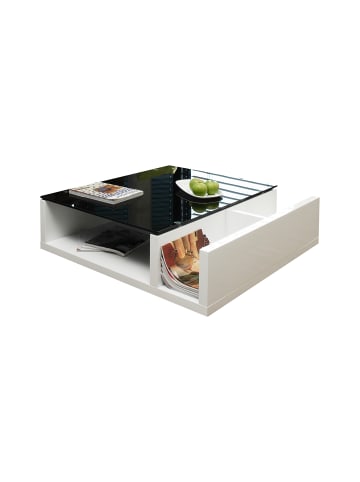 SalesFever Couchtisch 100x100 cm aus MDF-Konstruktion Weiß und 12 mm Glasplatte in Schwarz